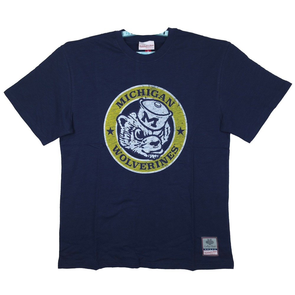 Michigan Wolverines Mitchell & Ness NCAA Large Shirt Distressed Logo Navy New